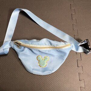 Disney-Inspired Light Blue Fanny Pack With Gold Zipper & Embroidered Mickey Patc
